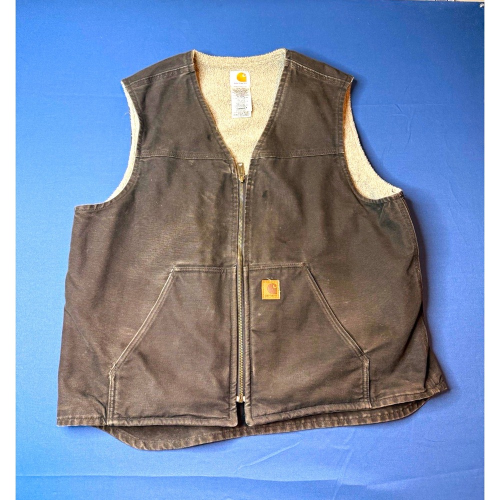 Carhartt Brown Sherpa Lined Zip Vest Mens XL Regular V-Neck Workwear V26 WAL
